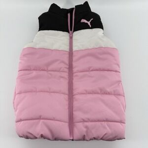 Puma Girls Youth Size 4 Vest Puffer Jacket Black‎ White Pink Logo Full Zip Warm